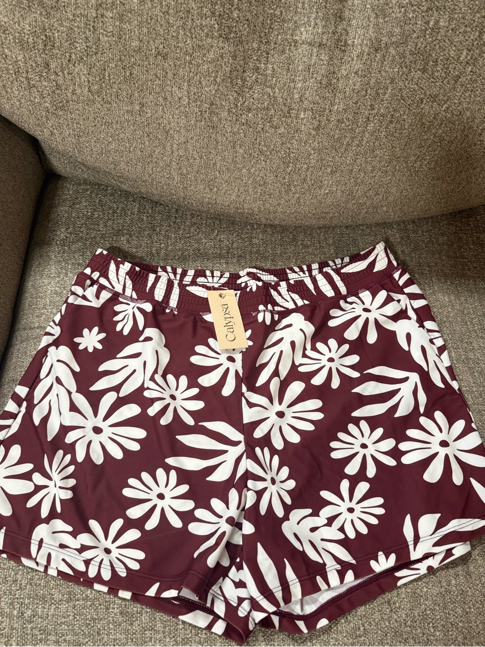 Maroon Floral Athletic Swim Shorts with Elastic Waist
